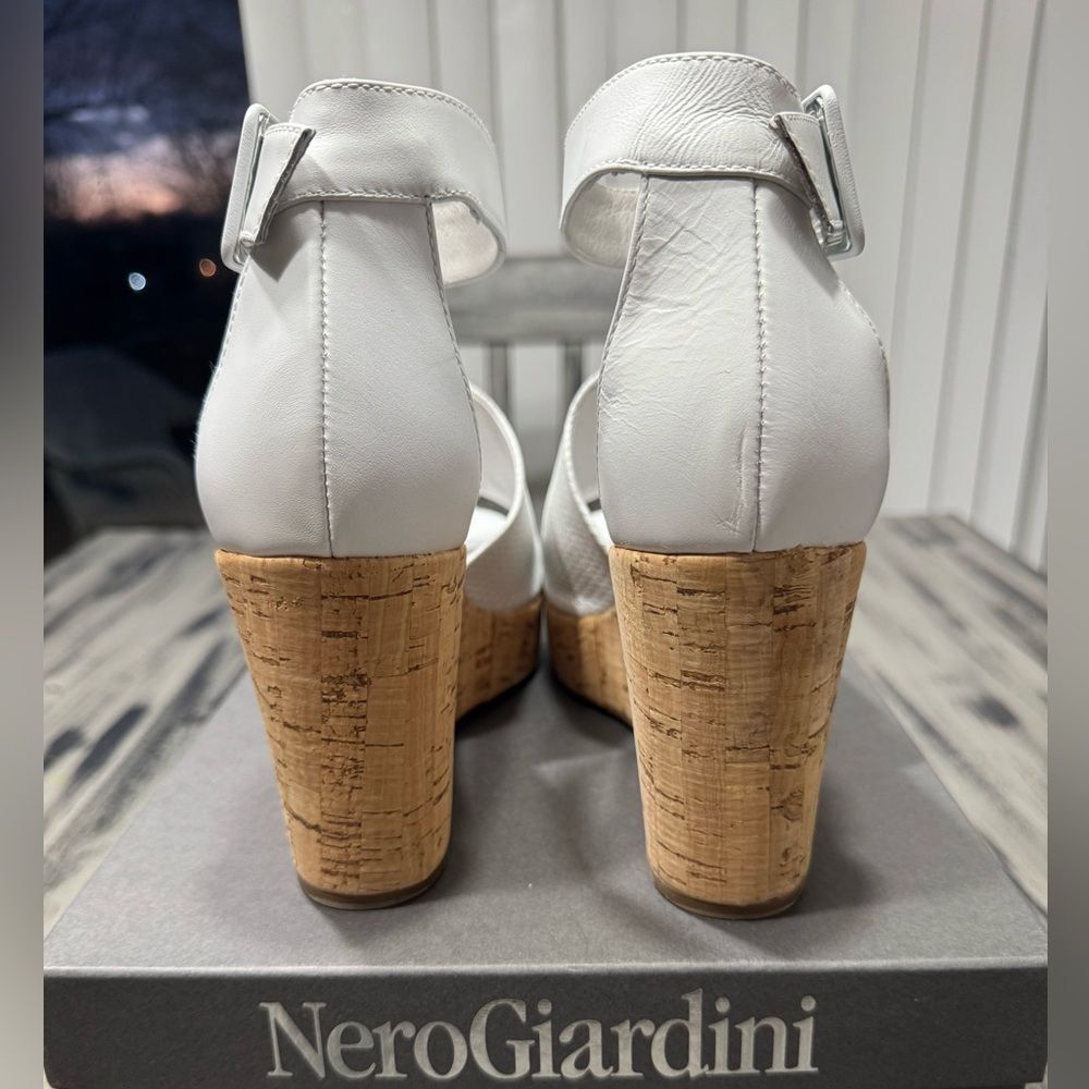 Nero Giardini Loira Bianco Textured Leather Platform Cork Ankle Strap Wedges - Picture 11 of 12